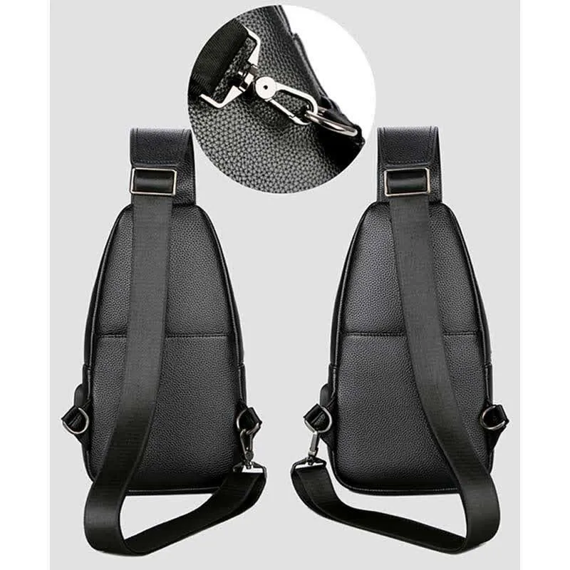 Multiple Pockets Leather Sling Chest Bag for Men with USB Charging Port