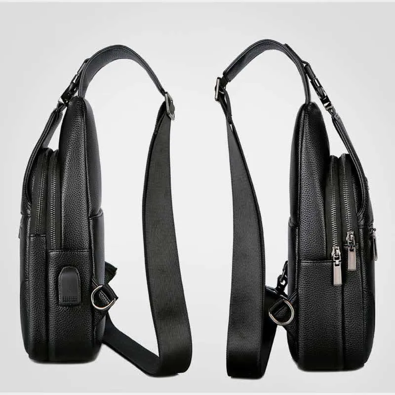 Multiple Pockets Leather Sling Chest Bag for Men with USB Charging Port