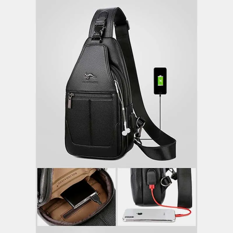 Multiple Pockets Leather Sling Chest Bag for Men with USB Charging Port
