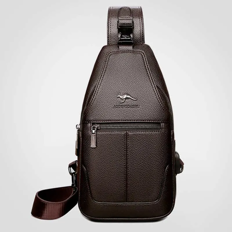 Multiple Pockets Leather Sling Chest Bag for Men with USB Charging Port