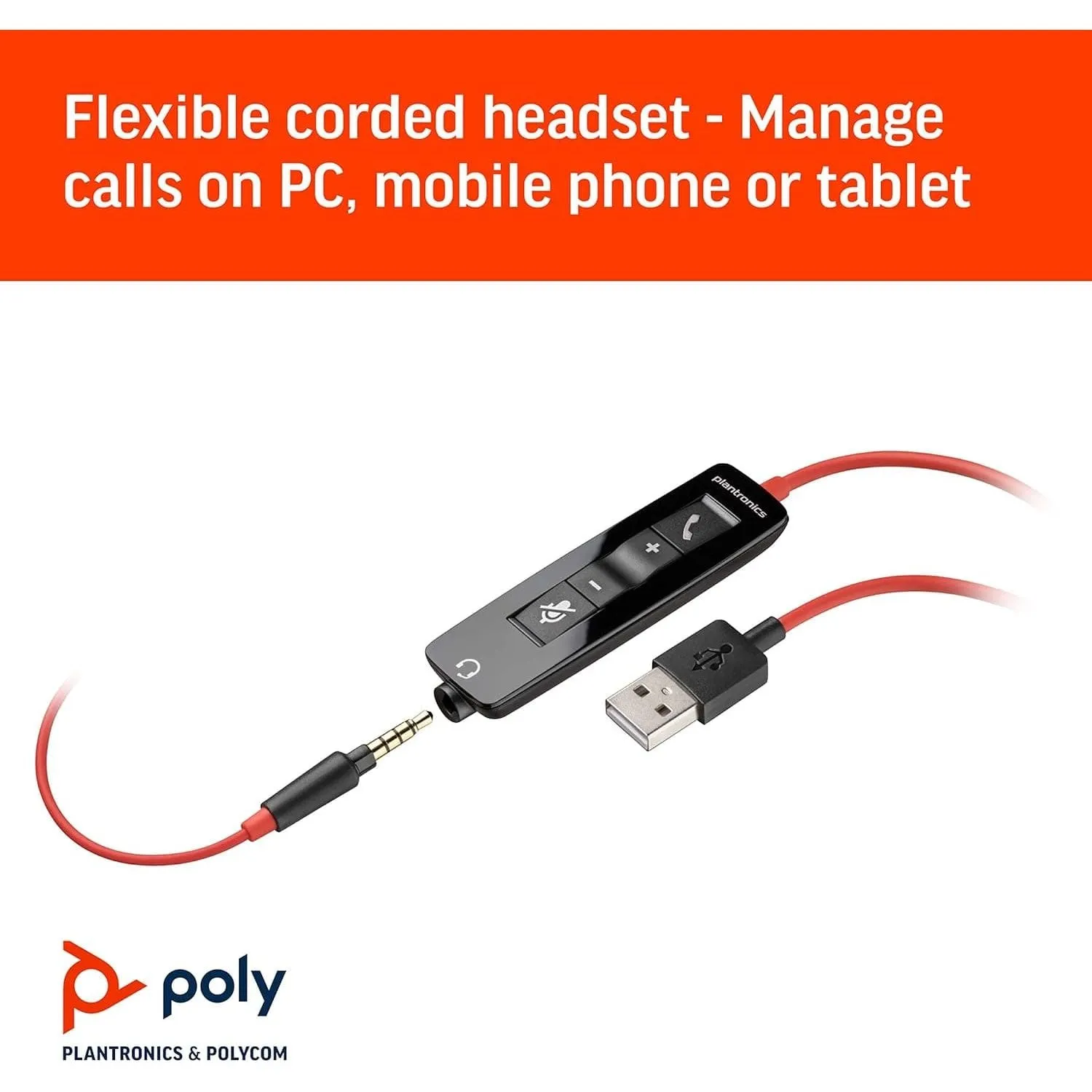 Plantronics - Blackwire C5210 - Wired, Single Ear (Monaural) Headset with Boom Mic - Computer Headset - USB-A, 3.5 mm to connect to your PC, Mac, Tablet, or Cell Phone