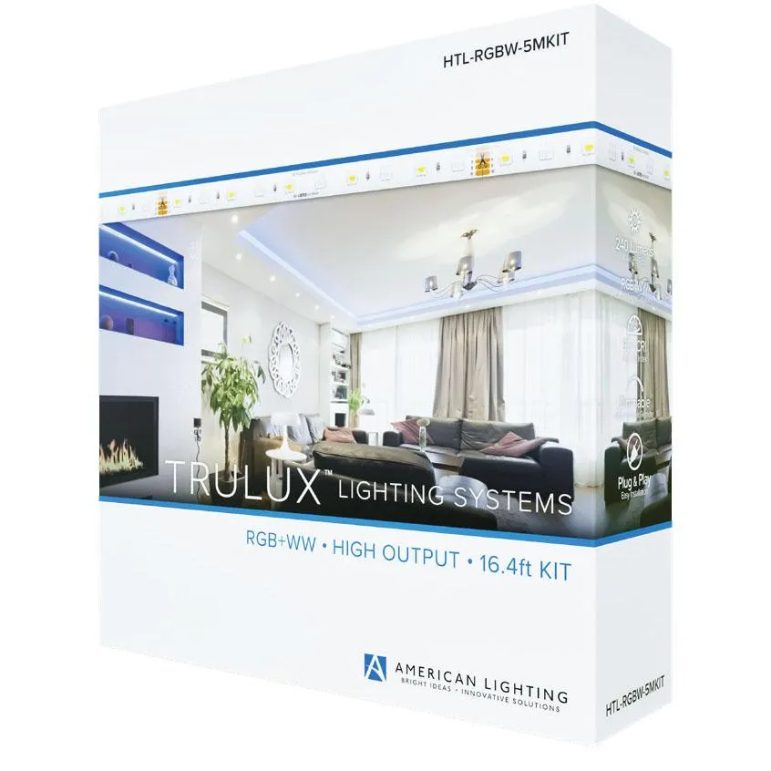 Trulux High Output LED Strip Light Kit with Remote control, 16.4Ft Reel with 24V DC Kit with Plug and Play Connection, RGB   3000K, 240 Lumens per Ft