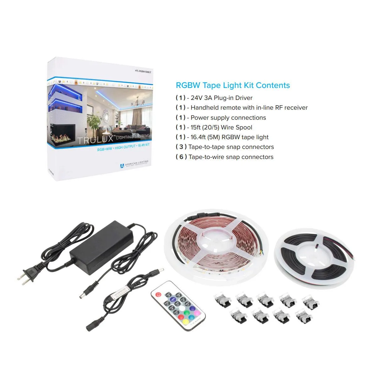 Trulux High Output LED Strip Light Kit with Remote control, 16.4Ft Reel with 24V DC Kit with Plug and Play Connection, RGB   3000K, 240 Lumens per Ft