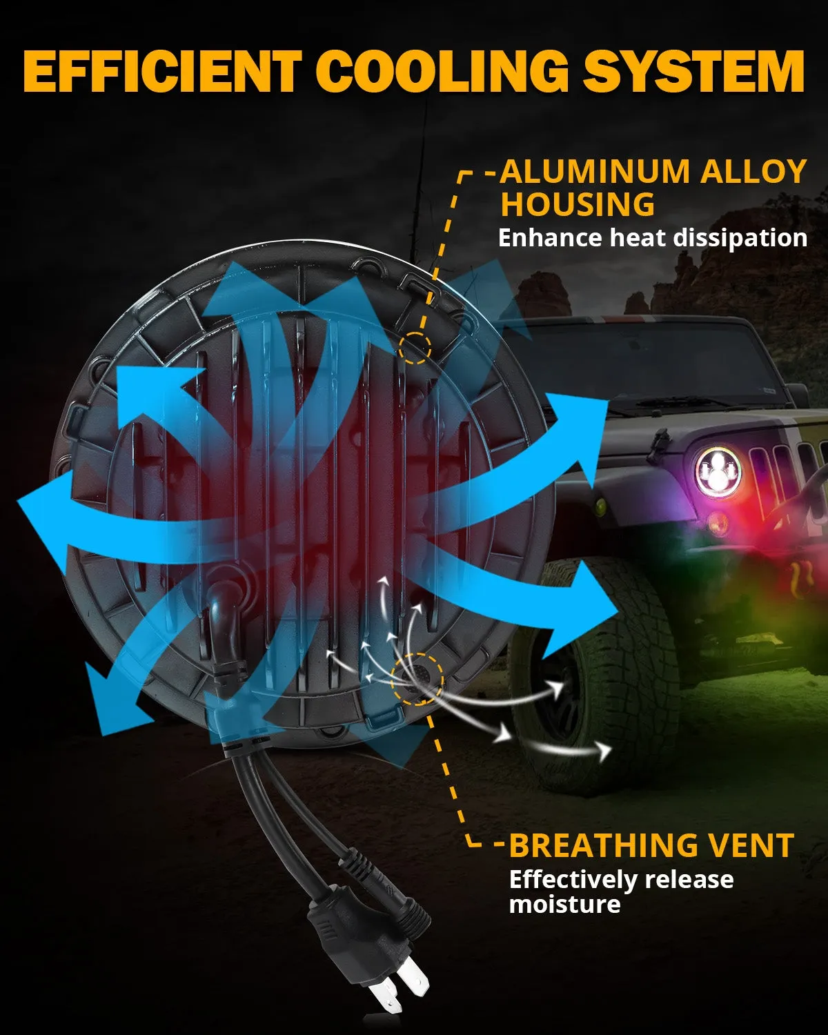 Upgraded 7 Inch Round LED Headlight with RGB Halo Ring for Jeep Wrangler JK TJ LJ