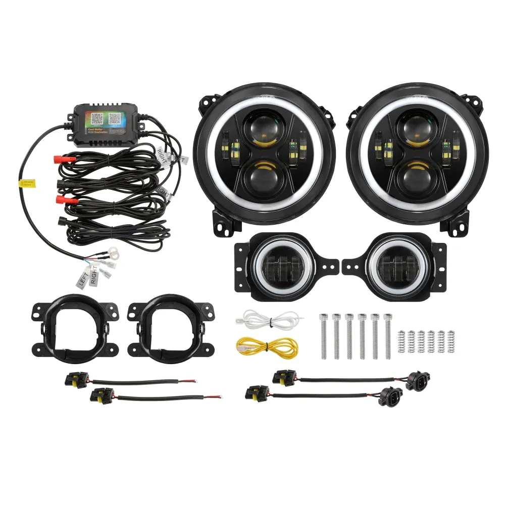 Upgraded RGB 9 Inch Headlights   4 Inch Fog Lights Combo for Jeep Wrangler JL with APP Control