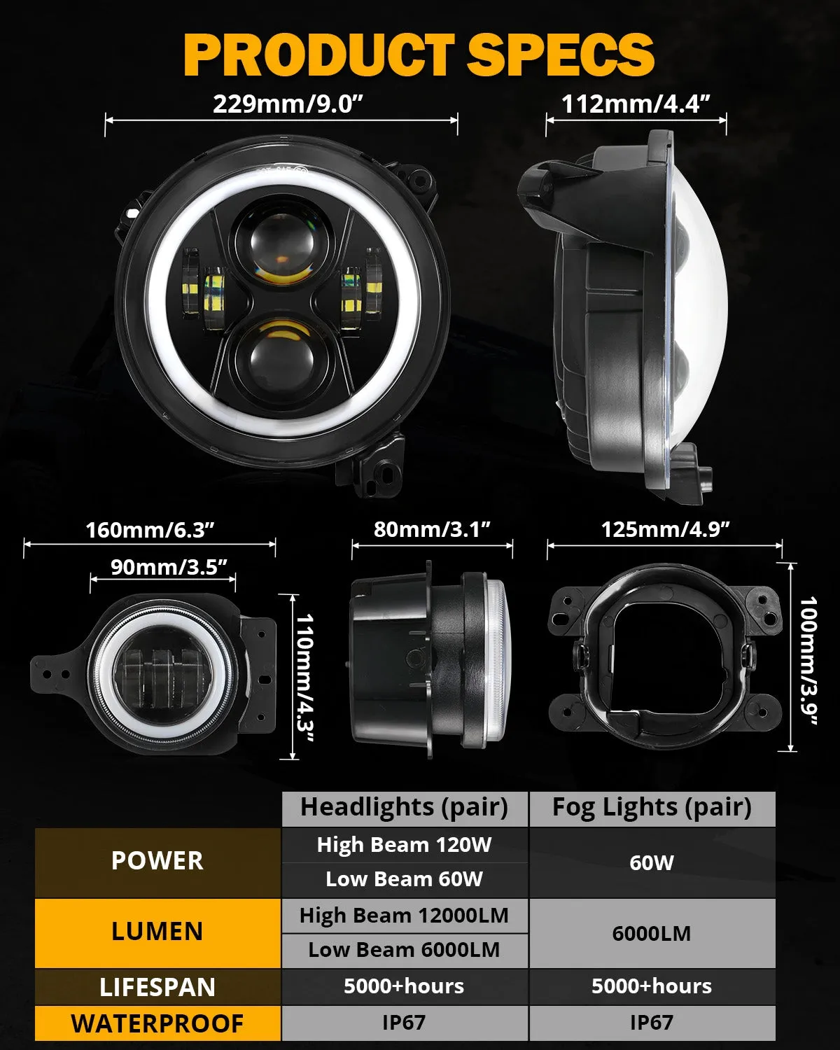 Upgraded RGB 9 Inch Headlights   4 Inch Fog Lights Combo for Jeep Wrangler JL with APP Control
